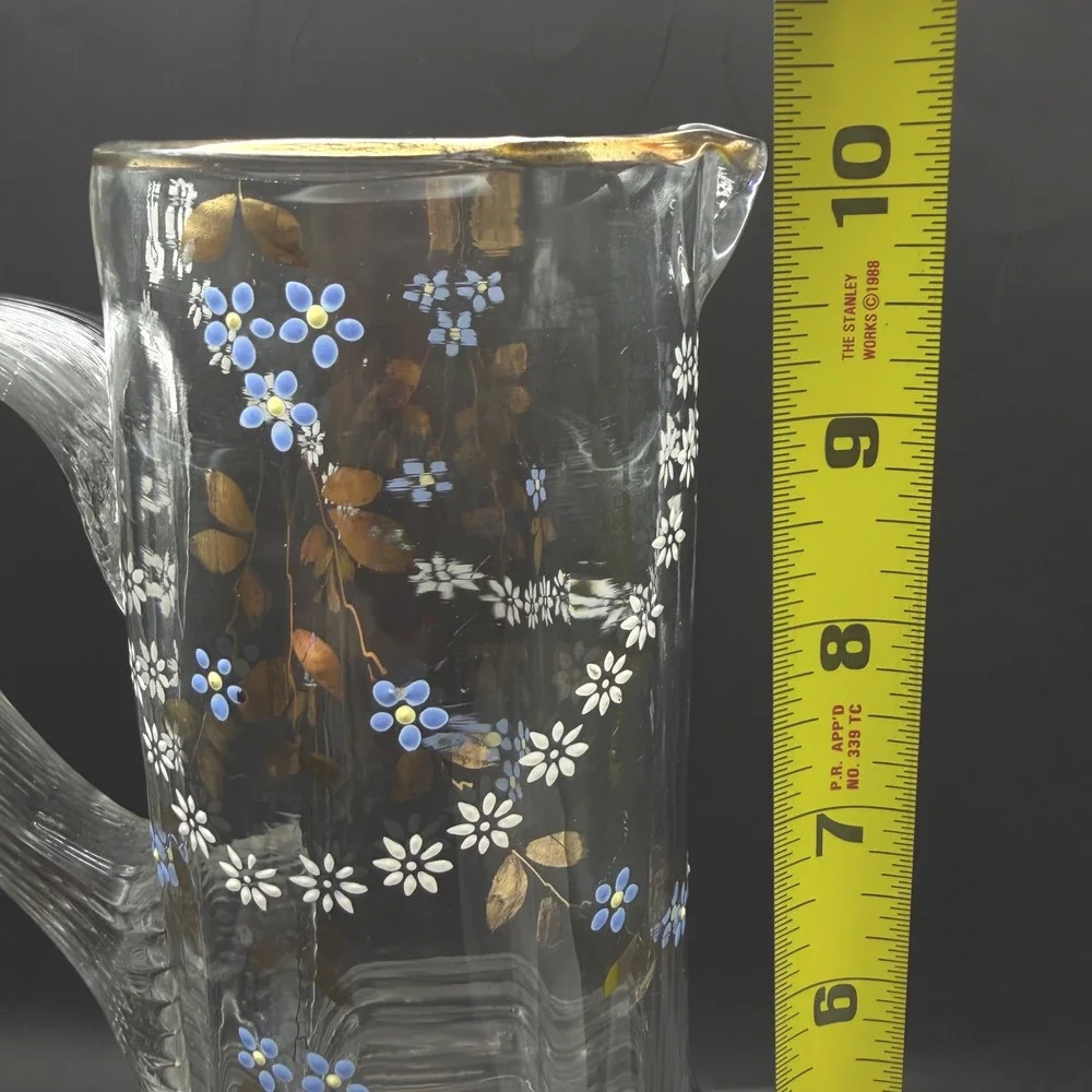 Antique Victorian Bohemian Enameled Glass Claret Pitcher Blue Floral Gilt 11‎ in
